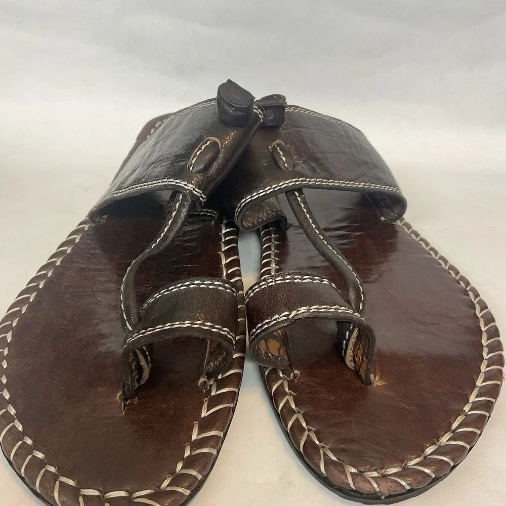 Men's Brown Leather Flip Flop Sandals size 10-10,5 Handmade Vibram Artisan Style